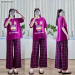 Đồ bộ quần dài caro áo tay ngắn in đầu thỏ màu