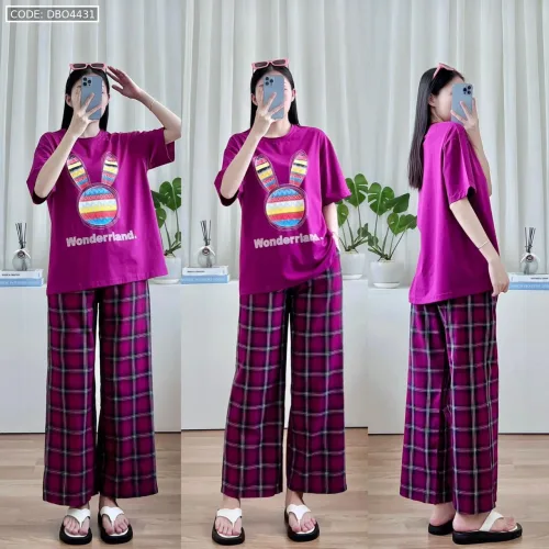 Đồ bộ quần dài caro áo tay ngắn in đầu thỏ màu
