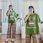 Đồ bộ quần dài caro áo tay ngắn in đầu thỏ màu