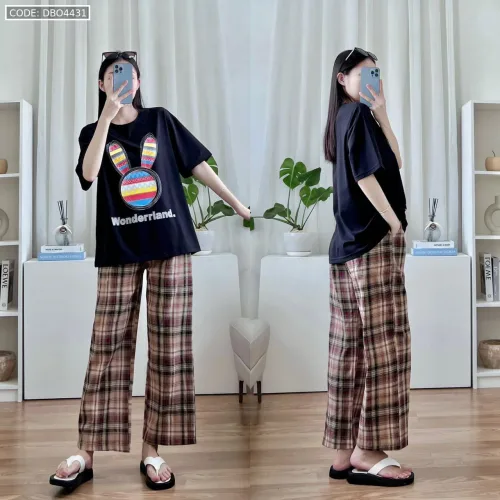 Đồ bộ quần dài caro áo tay ngắn in đầu thỏ màu
