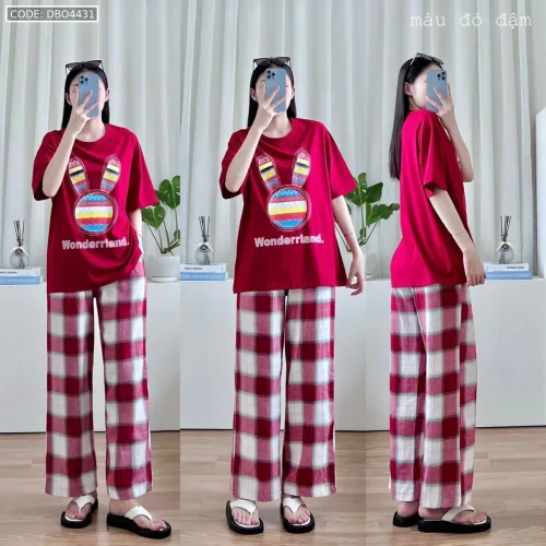 Đồ bộ quần dài caro áo tay ngắn in đầu thỏ màu