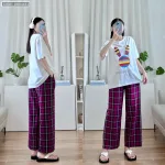 Đồ bộ quần dài caro áo tay ngắn in đầu thỏ màu