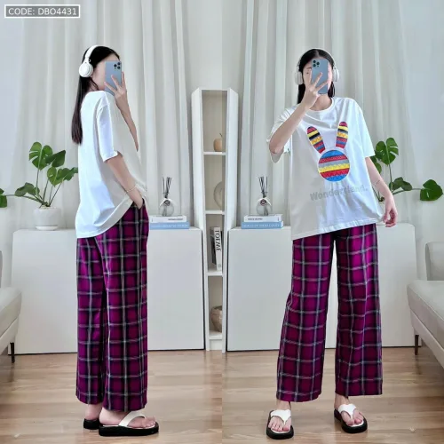 Đồ bộ quần dài caro áo tay ngắn in đầu thỏ màu