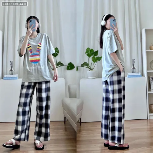Đồ bộ quần dài caro áo tay ngắn in đầu thỏ màu