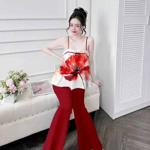 Đồ bộ quần dài latin áo hai dây in nhiều bông đẹp