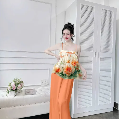 Đồ bộ quần dài latin áo hai dây in nhiều bông đẹp