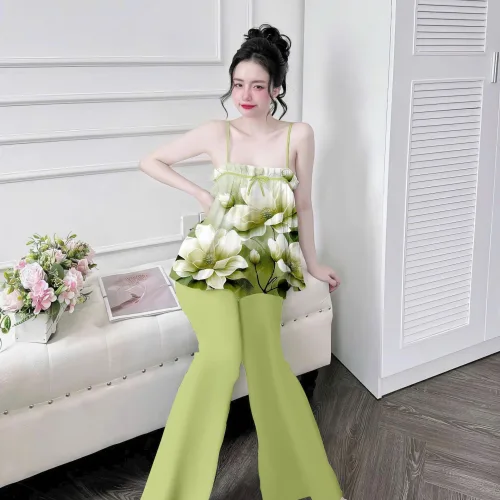 Đồ bộ quần dài latin áo hai dây in nhiều bông đẹp