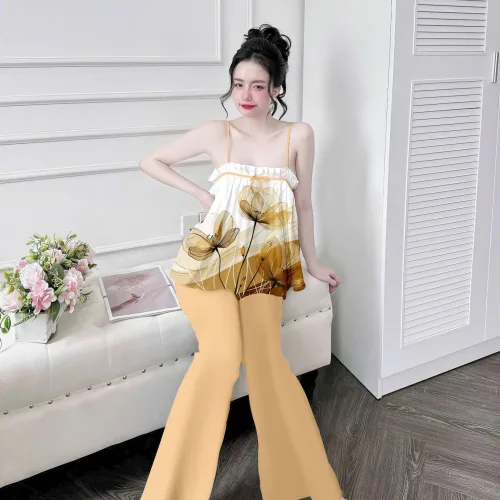 Đồ bộ quần dài latin áo hai dây in nhiều bông đẹp