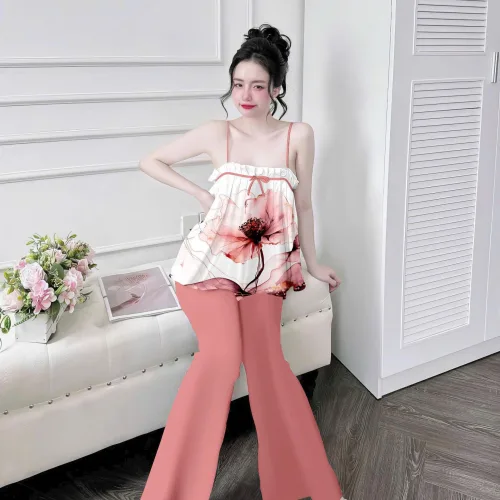 Đồ bộ quần dài latin áo hai dây in nhiều bông đẹp