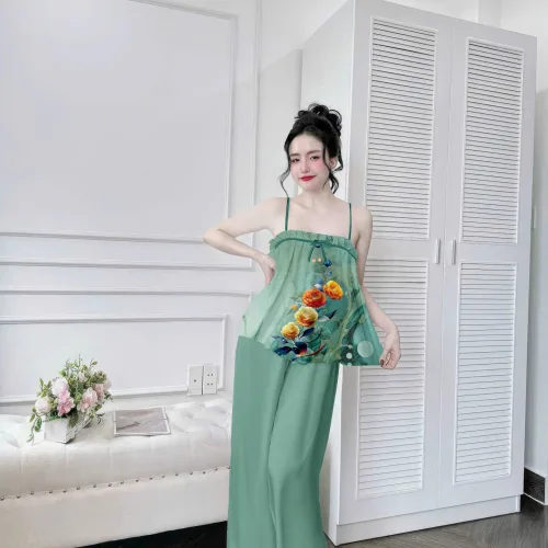 Đồ bộ quần dài latin áo hai dây in nhiều bông đẹp