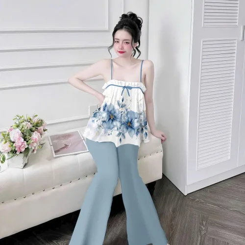 Đồ bộ quần dài latin áo hai dây in nhiều bông đẹp