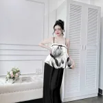 Đồ bộ quần dài latin áo hai dây in nhiều bông đẹp