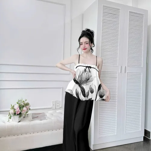 Đồ bộ quần dài latin áo hai dây in nhiều bông đẹp