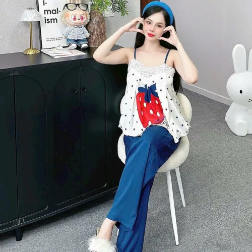 Đồ bộ quần dài latin áo hai dây ren in nhiều hình