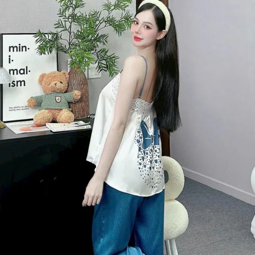 Đồ bộ quần dài latin áo hai dây ren in nhiều hình