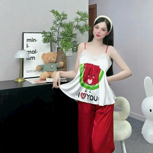 Đồ bộ quần dài latin áo hai dây ren in nhiều hình