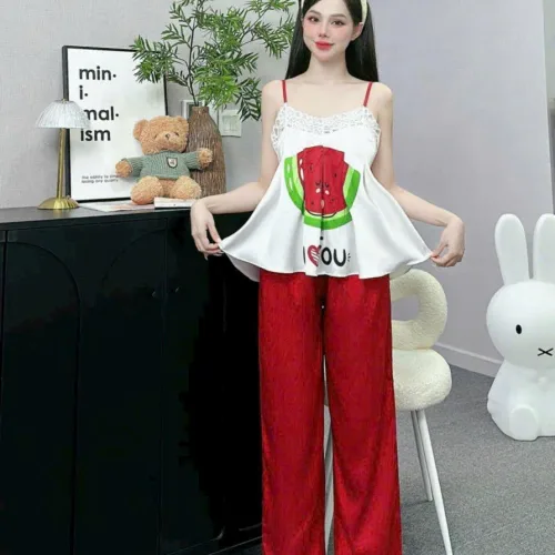 Đồ bộ quần dài latin áo hai dây ren in nhiều hình