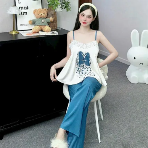 Đồ bộ quần dài latin áo hai dây ren in nhiều hình