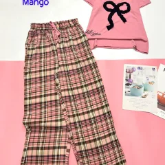Đồ bộ quần dài mango áo thun tay ngắn gân in nơ