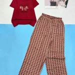 Đồ bộ quần dài nhiều họa tiết áo thun tay ngắn gân in nơ
