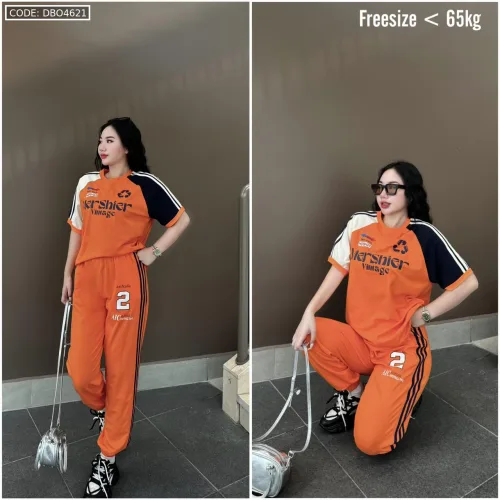 Đồ bộ quần dài sọc áo và quần in chữ, số 2 tay áo 2 màu