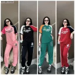 Đồ bộ quần dài sọc áo và quần in chữ, số 2 tay áo 2 màu