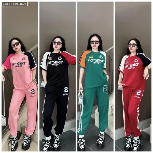 Đồ bộ quần dài sọc áo và quần in chữ, số 2 tay áo 2 màu