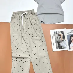Đồ bộ  quần dạng vải dài chấm bi áo thun tay ngắn trơn