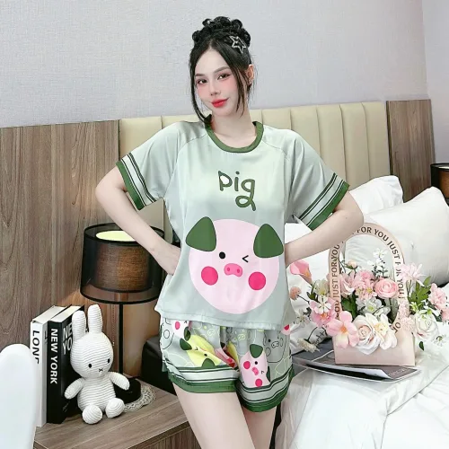 Đồ bộ quần đùi  áo cổ tròn tay ngắn in nhiều hoạ tiết