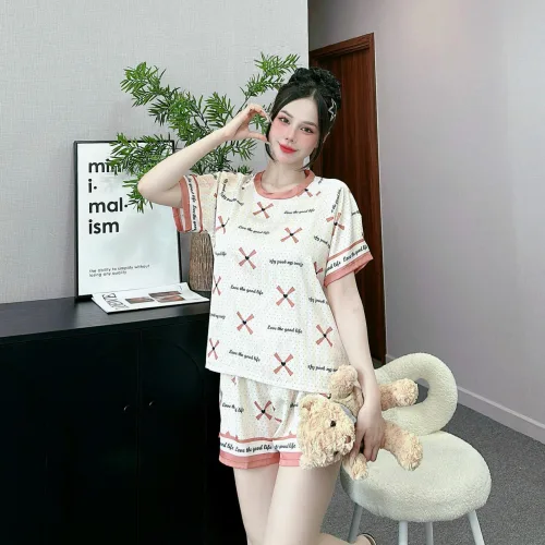 Đồ bộ quần đùi  áo cổ tròn tay ngắn in nhiều hoạ tiết