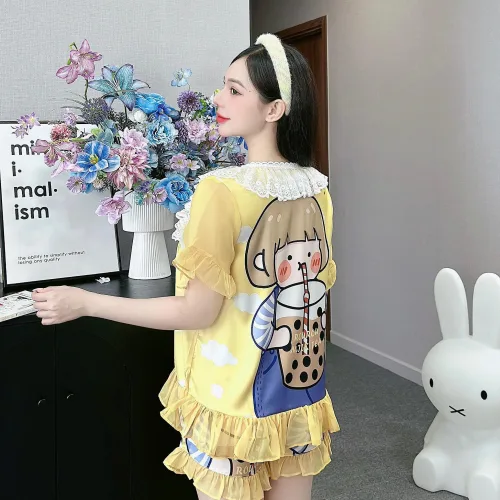 Đồ bộ quần đùi áo cổ vuông ren bèo nhiều hình dễ thương