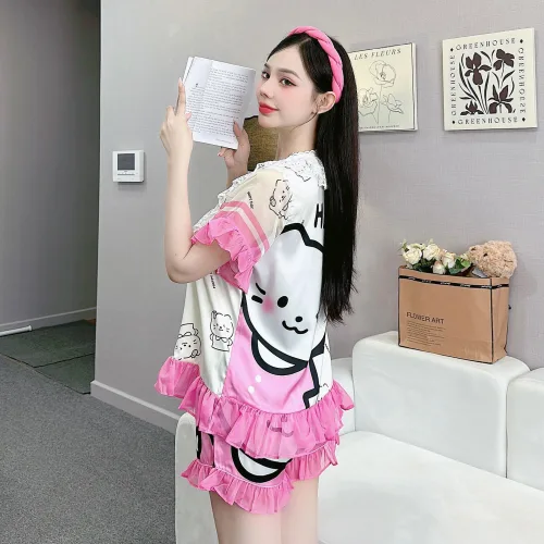 Đồ bộ quần đùi áo cổ vuông ren bèo nhiều hình dễ thương