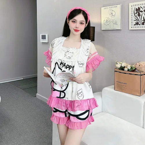 Đồ bộ quần đùi áo cổ vuông ren bèo nhiều hình dễ thương