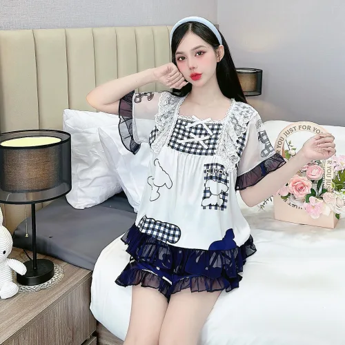 Đồ bộ quần đùi áo cổ vuông ren bèo nhiều hình dễ thương