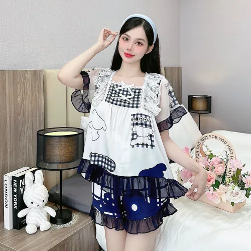 Đồ bộ quần đùi áo cổ vuông ren bèo nhiều hình dễ thương