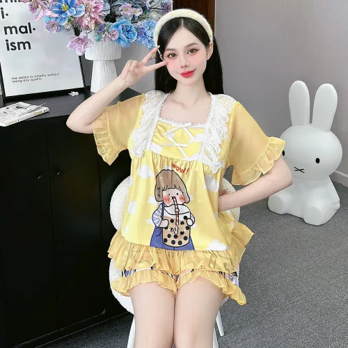 Đồ bộ quần đùi áo cổ vuông ren bèo nhiều hình dễ thương