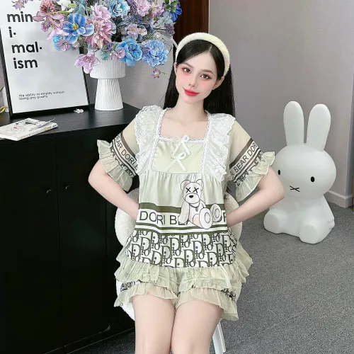 Đồ bộ quần đùi áo cổ vuông ren bèo nhiều hình dễ thương