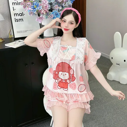 Đồ bộ quần đùi áo cổ vuông ren bèo nhiều hình dễ thương