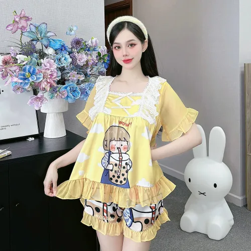 Đồ bộ quần đùi áo cổ vuông ren bèo nhiều hình dễ thương