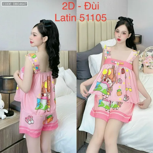 Đồ bộ quần đùi áo dây bảng bèo in nhiều hình thú có nơ trước áo