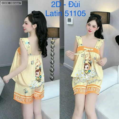 Đồ bộ quần đùi áo dây bảng bèo in nhiều hình thú có nơ trước áo