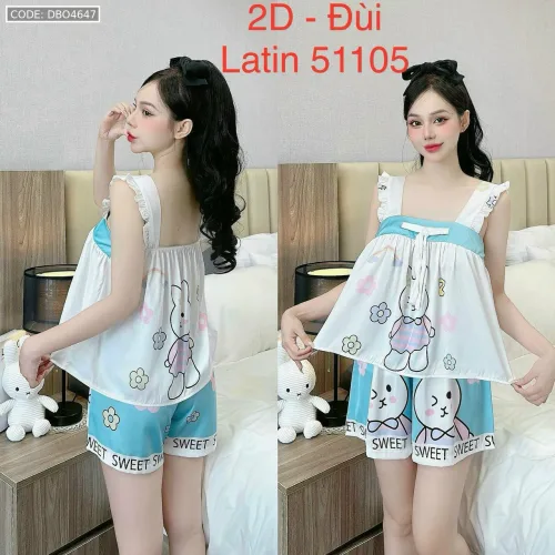Đồ bộ quần đùi áo dây bảng bèo in nhiều hình thú có nơ trước áo