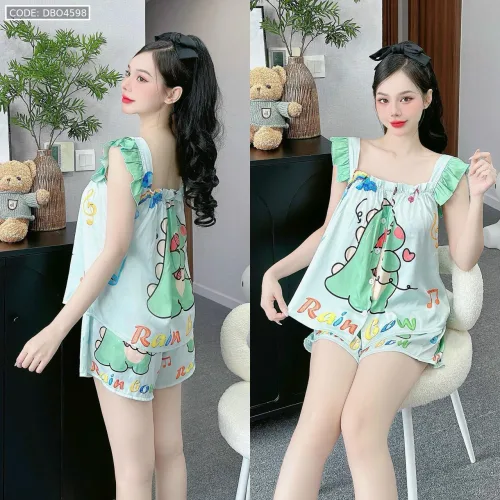 Đồ bộ quần đùi áo dây bảng bèo in nhiều hình thú dễ thương