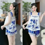 Đồ bộ quần đùi áo dây bảng bèo in nhiều hình thú dễ thương
