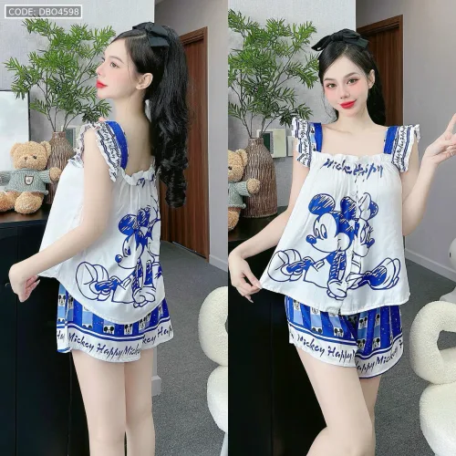 Đồ bộ quần đùi áo dây bảng bèo in nhiều hình thú dễ thương