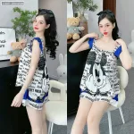 Đồ bộ quần đùi áo dây bảng bèo in nhiều hình thú dễ thương