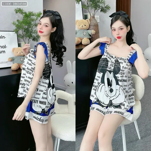 Đồ bộ quần đùi áo dây bảng bèo in nhiều hình thú dễ thương