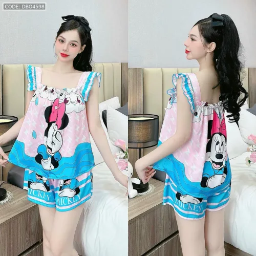 Đồ bộ quần đùi áo dây bảng bèo in nhiều hình thú dễ thương