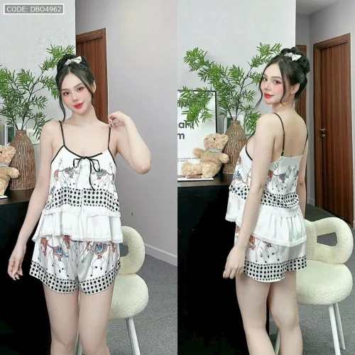 Đồ bộ quần đùi áo hai dây tầng ren nhiều hoạ tiết