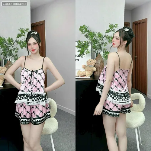 Đồ bộ quần đùi áo hai dây tầng ren nhiều hoạ tiết